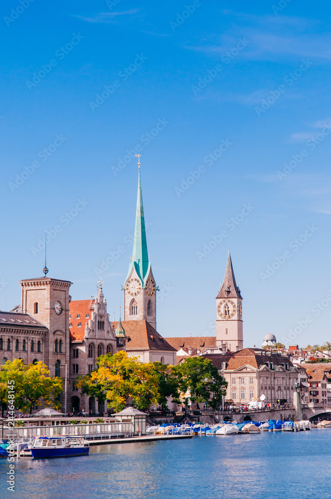 Limmat river, Fraumunster Church and St. Peter Pfarrhaus Church in Zurich Old town Altstadt