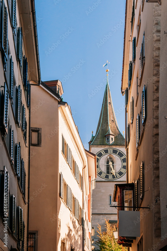 Old medieval clock tower in Zurich Old town Altstadt
