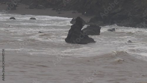 The Pacific Ocean. Swirling waves are on Pacific ocean after rain, Goat Rock Beach, Sonoma County, California winter. 