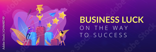 Businessman holds a cup on top of column graph. Key to success and success story, business chance, on the way to success concept on white background. Header or footer banner template with copy space.