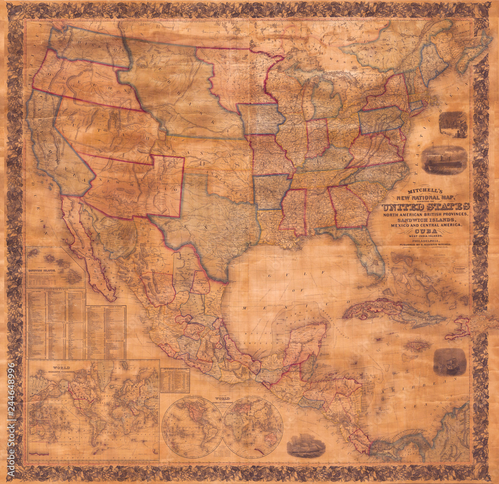 1856, Mitchell Wall Map of the United States and North America