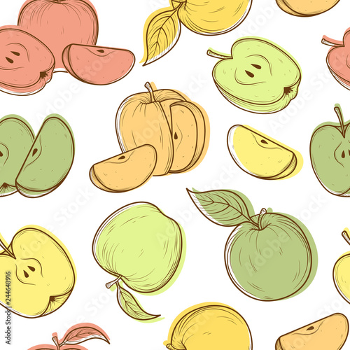 Fototapeta Naklejka Na Ścianę i Meble -  Seamless pattern with apples and leaves on white background. Hand drawn colorful sketch vector illustration.