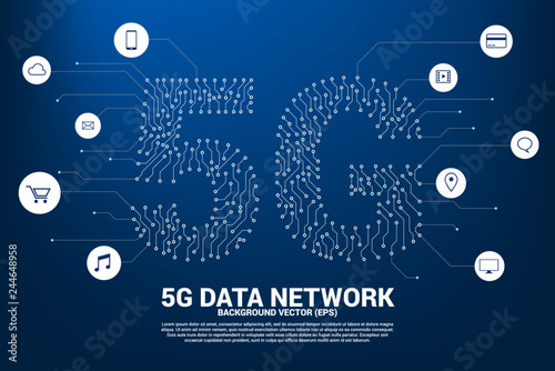 5G mobile networking from dot and line circuit board graphic style. Concept for mobile sim card technology and network.