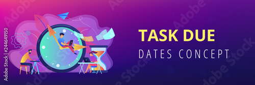 Busy business people with laptops hurry up to complete tasks at huge clock and hourglass. Deadline, project time limit, task due dates concept. Header or footer banner template with copy space.