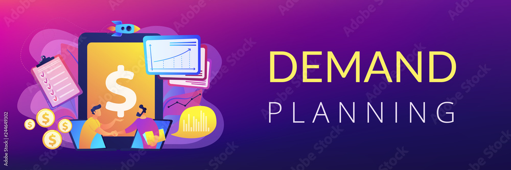 Demand analysts shaking hands from laptops screens and planning future demand. Demand planning, demand analytics, digital sales forecast concept. Header or footer banner template with copy space. - obrazy, fototapety, plakaty 