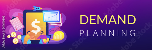 Demand analysts shaking hands from laptops screens and planning future demand. Demand planning, demand analytics, digital sales forecast concept. Header or footer banner template with copy space.