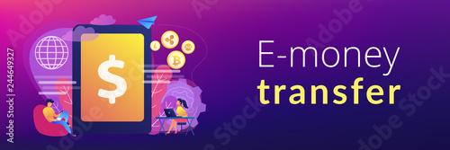 Businessman and woman transfer money with gadgets. Digital currency, cryptocurrency market, e-money transfer and digital money turnover concept. Header or footer banner template with copy space.