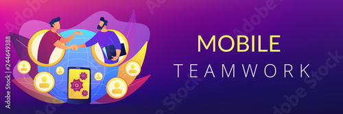 Businessmen handshaking through smartphone. Mobile collaboration, collaborative tools and mobile teamwork, mobile and innovative networking concept. Header or footer banner template with copy space.