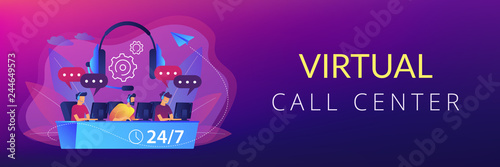 Customer service operators with headsets at computers consulting clients 24 for 7. Call center, handling call system, virtual call center concept. Header or footer banner template with copy space.