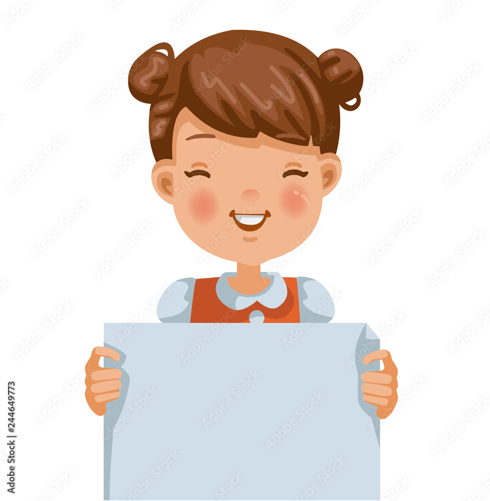 Smiling Little girl holding white paper. with Positive emotions emotions. Cartoon character vector illustration isolated on white background. Smiling Little girl holding white paper. with Positive emotions emotions. Cartoon character vector illustration isolated on white background.