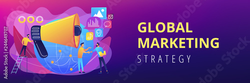 Marketing specialist with loudspeaker influence businessmen and globe. Macromarketing, social influence, global marketing strategy concept. Header or footer banner template with copy space.