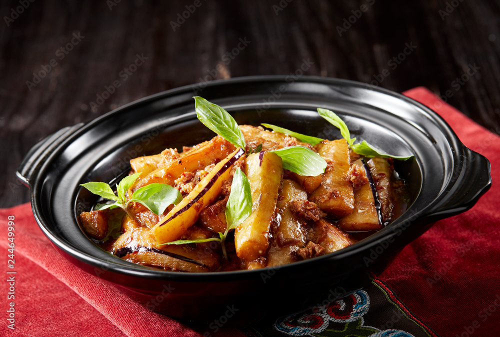 Delicious Chinese food, basil eggplant clay pot