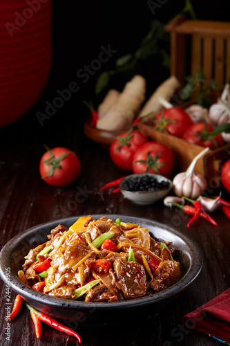 Delicious Chinese cuisine, beef with tomato and skin in clay pot