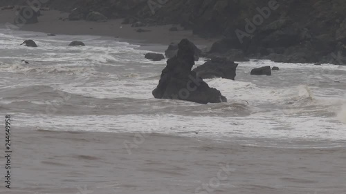The Pacific Ocean. Swirling waves are on Pacific ocean after rain, Goat Rock Beach, Sonoma County, California winter. 