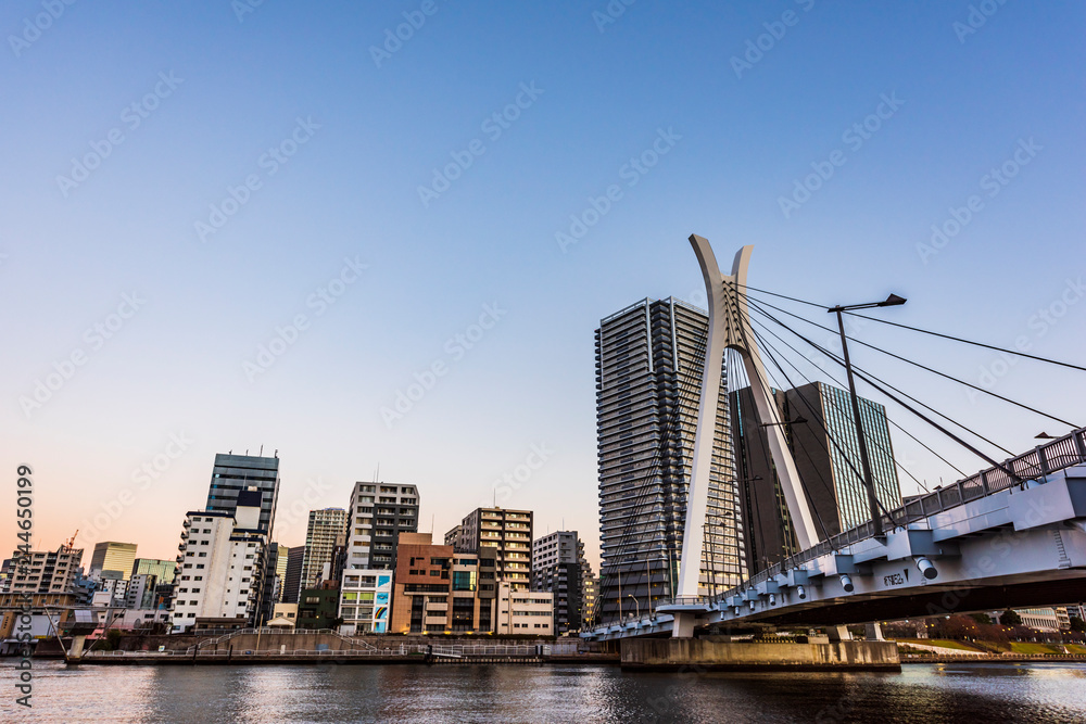 Obraz premium 早朝のタワーマンションと中央大橋 The sky at daybreak in Tokyo, Japan