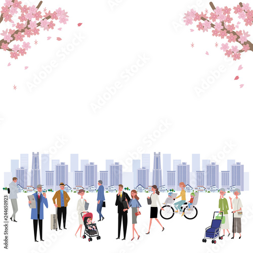  町と人々　桜　春　町並み　イラスト