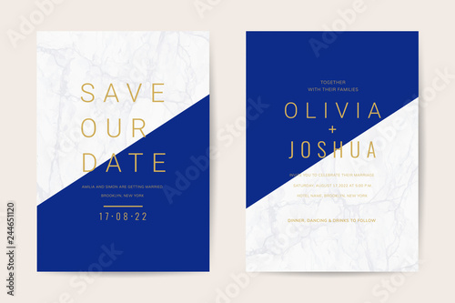 Luxury wedding invitation cards with gold marble texture and geometric pattern minimal style vector design template