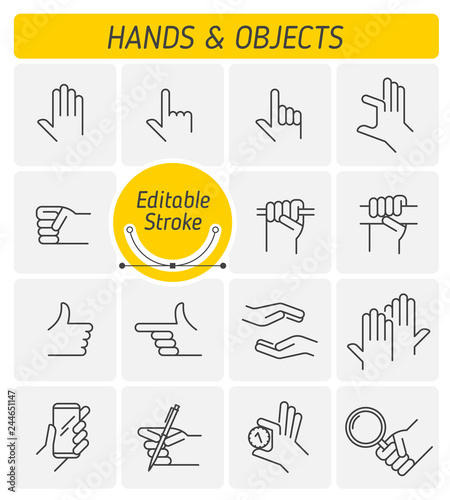 The various gestures of human hands outline icon set. The different hand positions holding objects. The clenching a fist, claping one's hands line symbols. Linear vector icons with editable strokes.
