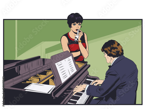 Piano player performing music. Woman listens to pianist. Stock illustration.