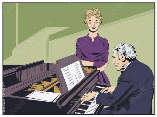 Piano player performing music. Singer getting ready to sing. Stock illustration.