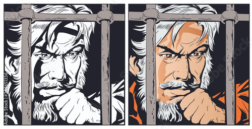 Male in jail. Man is behind prison lattice. Stock illustration.
