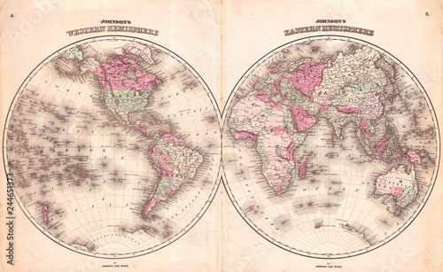 Fototapeta Naklejka Na Ścianę i Meble -  1862, Johnson Map of the World on Hemisphere Projection