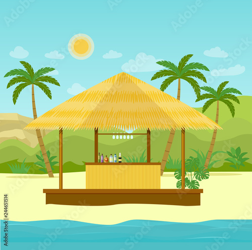 Bar bungalows on the beach ocean coast. Vector flat illustration.