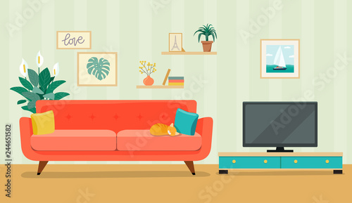 Furniture: sofa, bookcase, tv, picture. Living room interior.Flat style vector illustration