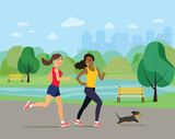 Young girlfriends  run with dog in park. Vector flat style illustration