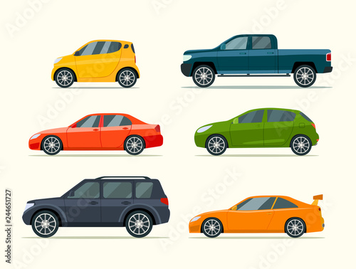 Big set of of different models of cars. Vector flat style  illustration