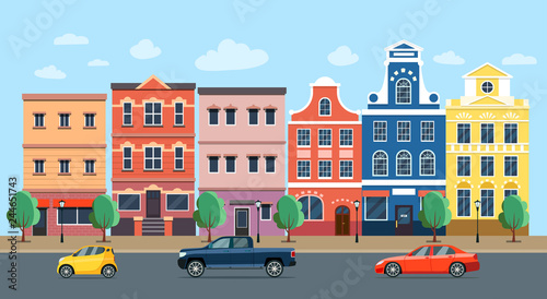 City street panoramic. City life set buildings and cars. Vector flat style illustration.