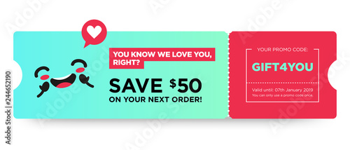 Vector Gift Voucher with Coupon Code. Fast Food Restaurant Certificate Template with Cute Funny Asian Character. Japanese Kawaii Design with Happy Face Emoji. Discount Offer Graphic with Promo Code.