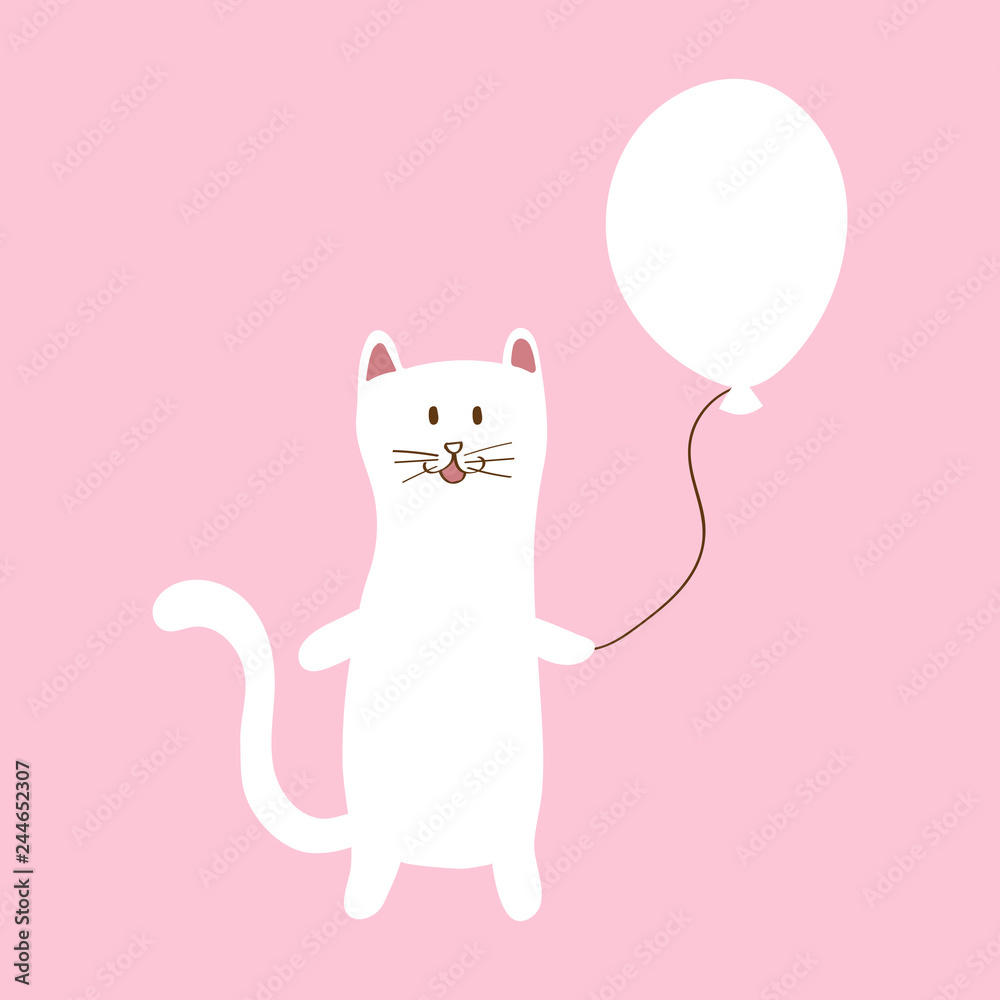 White cat holding balloon, Cartoon flat vector design White cat holding balloon, Cartoon flat vector design