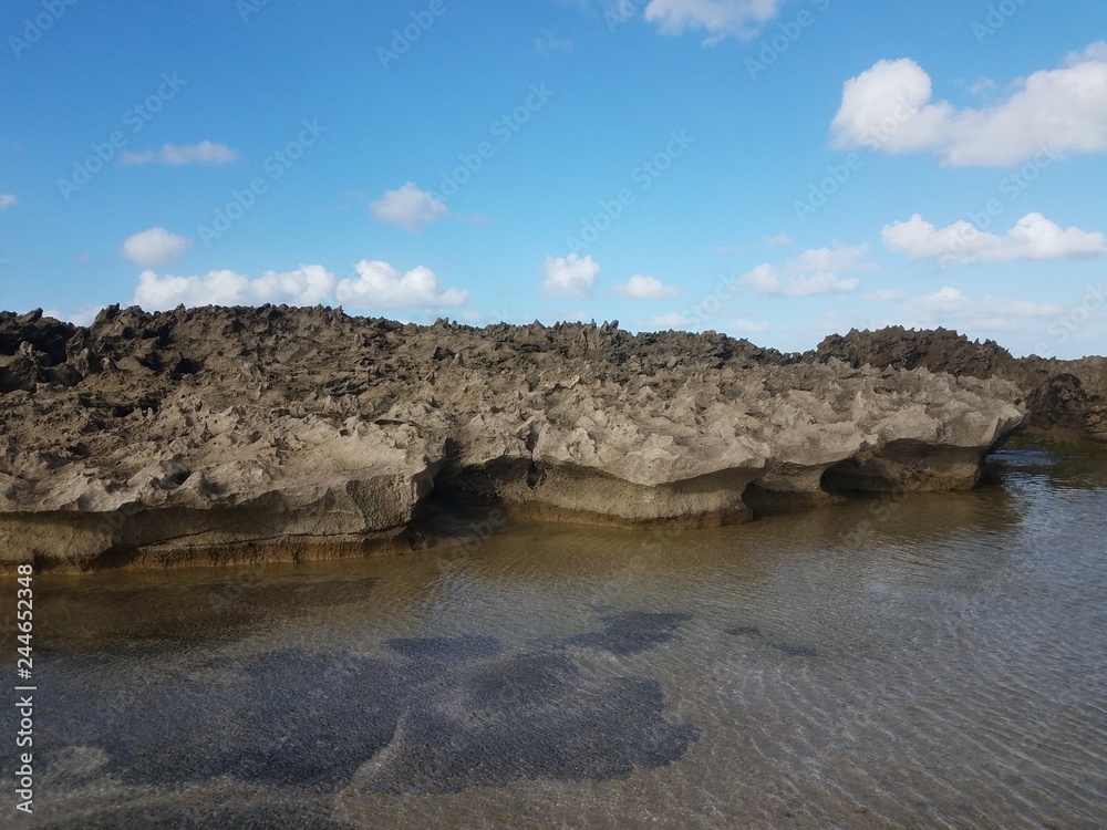 rocky shore at beach with tidepools in Isabela, Puerto Rico