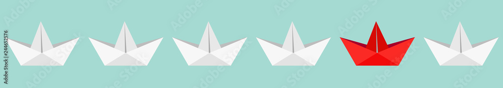 Origami paper boat ship icon set. White and red color. Handmade toy line. Flat design. Blue background. Isolated. Origami paper boat ship icon set. White and red color. Handmade toy line. Flat design. Blue background. Isolated.