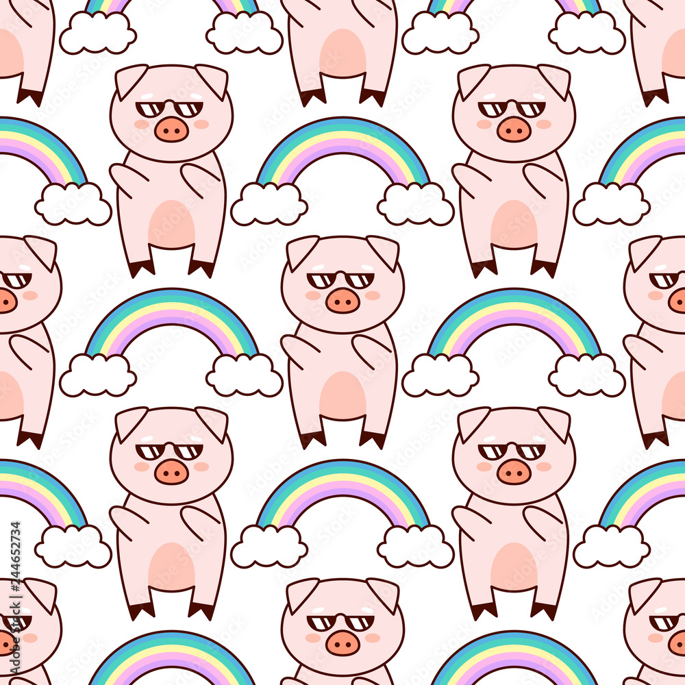 Pigs cool with rainbows cartoon pattern, kawaii vector illustration, isolated on white background Pigs cool with rainbows cartoon pattern, kawaii vector illustration, isolated on white background