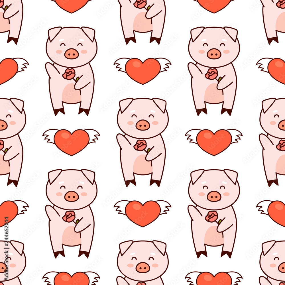 Obraz premium Pigs in love with hearts cartoon pattern, kawaii vector illustration, isolated on white background
