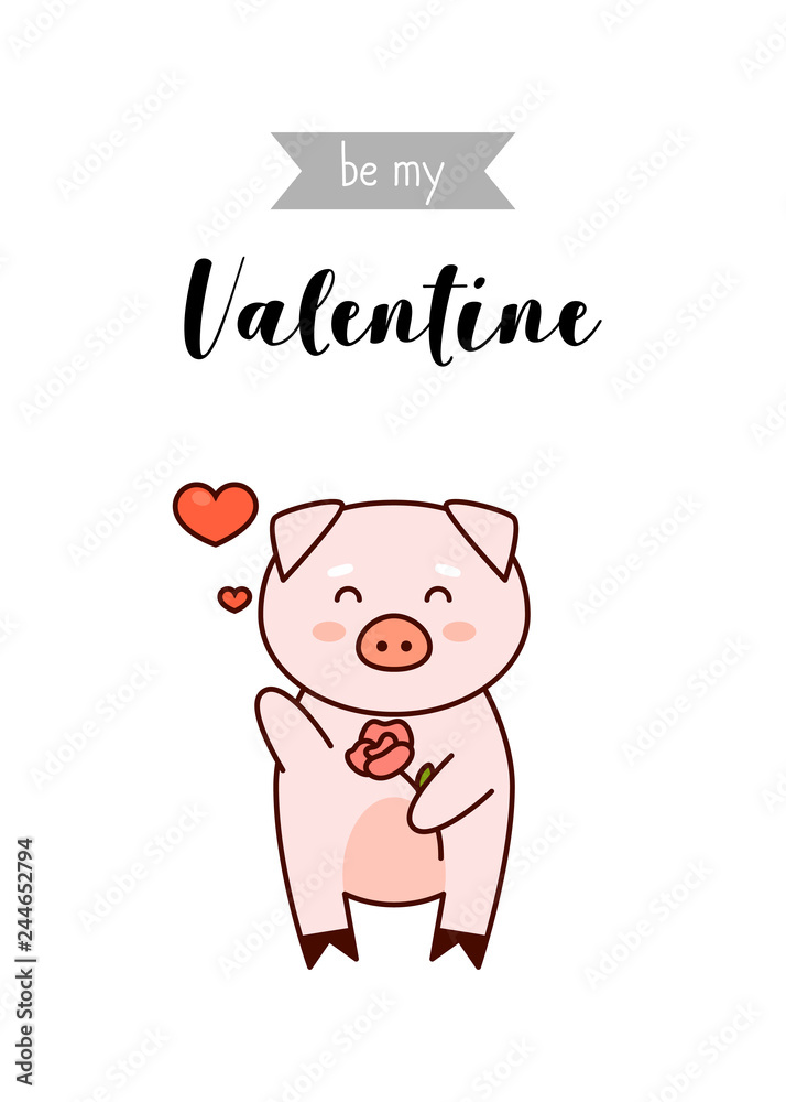 Be my Valentine greeting, pig with flower vector illustration, isolated on white background