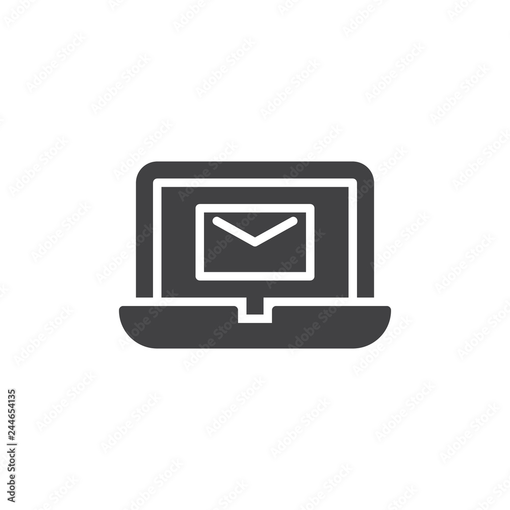 Laptop with envelope mail vector icon. filled flat sign for mobile concept and web design. New email notebook screen simple solid icon. Symbol, logo illustration. Pixel perfect vector graphics Laptop with envelope mail vector icon. filled flat sign for mobile concept and web design. New email notebook screen simple solid icon. Symbol, logo illustration. Pixel perfect vector graphics