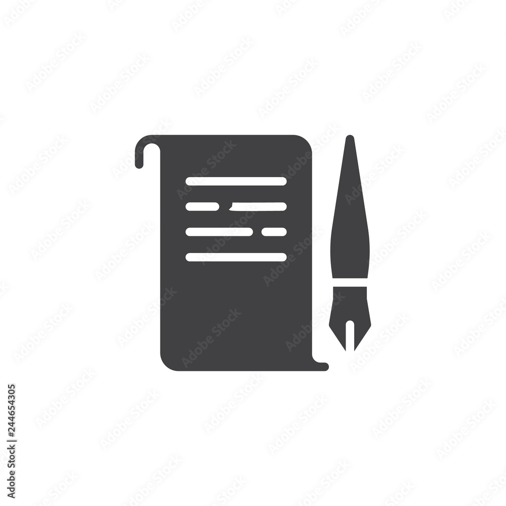Parchment paper and a quill vector icon. filled flat sign for mobile concept and web design. Paper scroll with ink pen simple solid icon. Symbol, logo illustration. Pixel perfect vector graphics