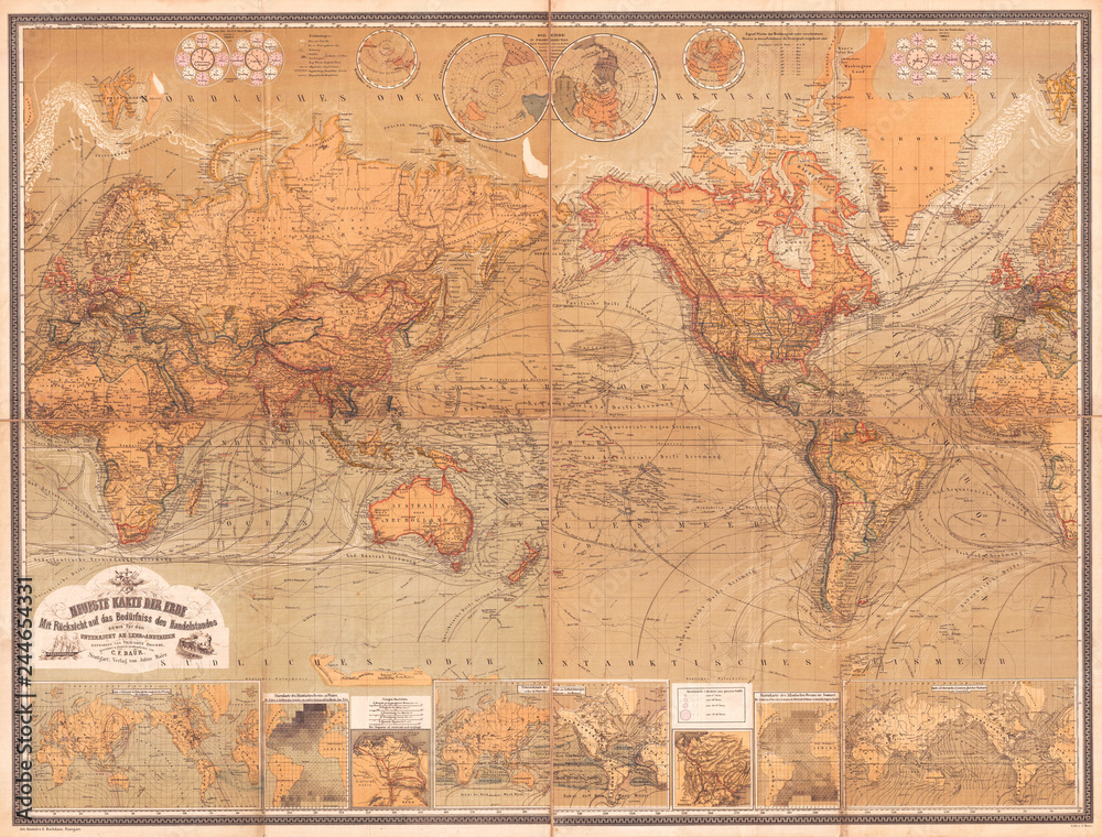 1870, Baur and Bromme Map of the World on Mercator Projection