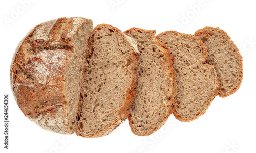 Sliced bread isolated on white background. Fresh Bread cutted slices close up. Bakery, food concept. Top view