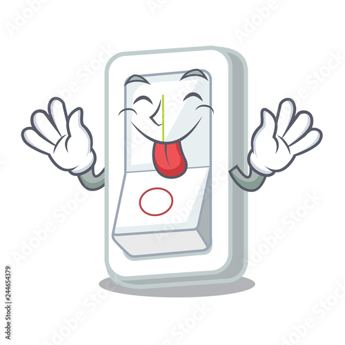 Tongue out light switch above cartoon wooden wall