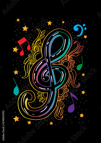 Musical background with a treble clef.