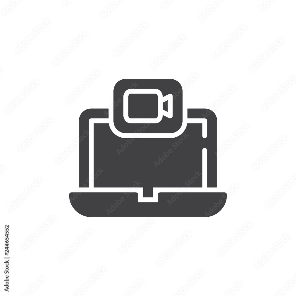 Laptop video call vector icon. filled flat sign for mobile concept and web design. Notebook with camera simple solid icon. Symbol, logo illustration. Pixel perfect vector graphics Laptop video call vector icon. filled flat sign for mobile concept and web design. Notebook with camera simple solid icon. Symbol, logo illustration. Pixel perfect vector graphics