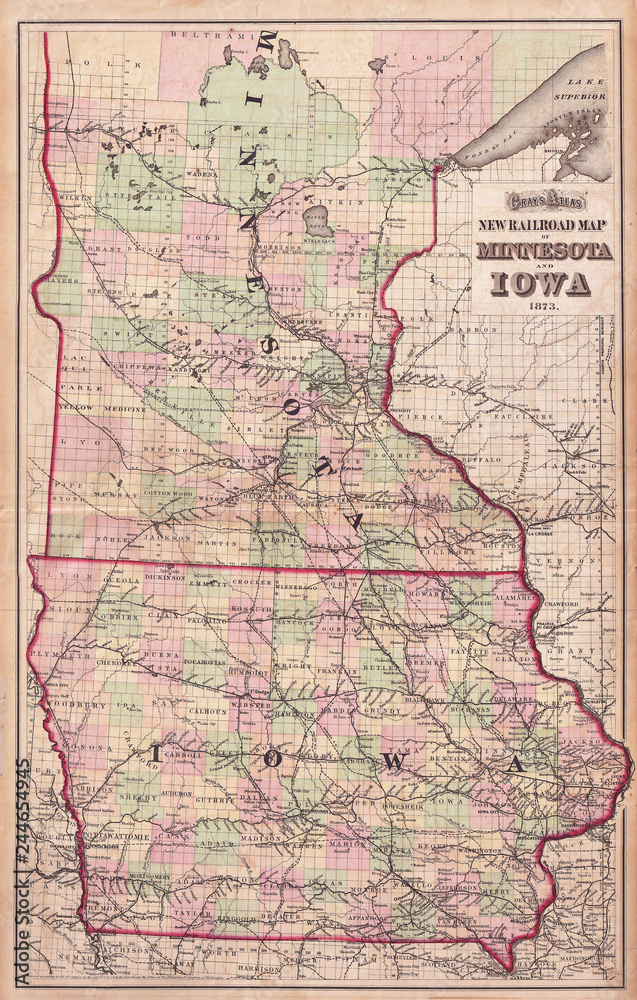 1873, Gray Railroad Map of Minnesota and Iowa