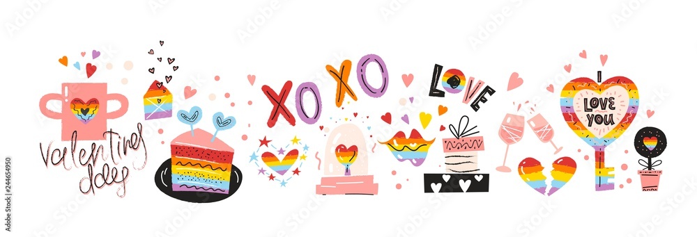 Rainbow Valentines Day icons set design with hand drawn elements