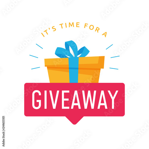 Giveaway logo template for social media post or website banner. Give away text with red label and gift box background vector design