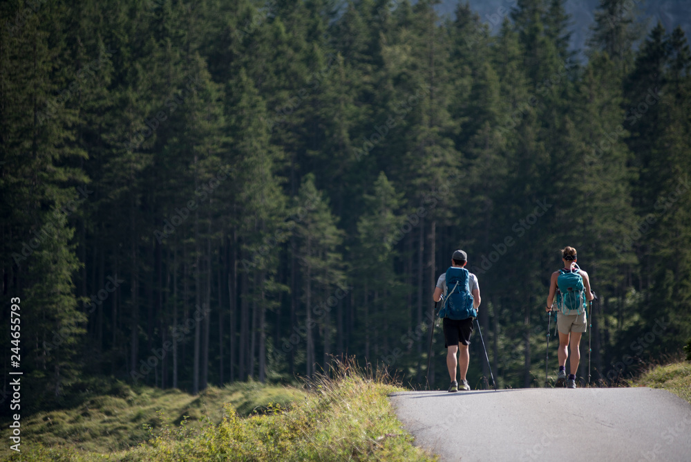 Tourists on the forest road in the  Switzerland, Monch and Jungfrau mountain (Swiss Alps) in the background, Berner Oberland, Grindelwald