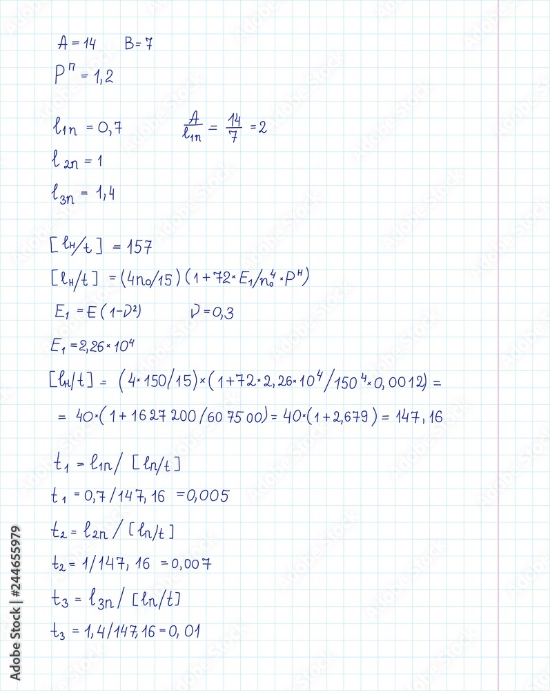 Engineering and mathematics equation and calculations handwritten on copybook page. Vector illustration. Engineering and mathematics equation and calculations handwritten on copybook page. Vector illustration.